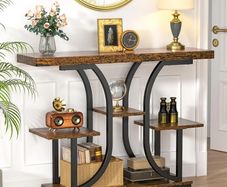 Console Table, 42.5inch Hallway Table Behind Sofa Table with Curved Base, Industrial 4-Tier Narrow Wood Slim Console Table with Storage for Living Room, Entryway, Foyer, Rustic Brown