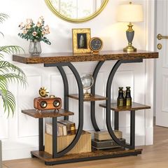 Console Table, 42.5inch Hallway Table Behind Sofa Table with Curved Base, Industrial 4-Tier Narrow Wood Slim Console Table with Storage for Living Room, Entryway, Foyer, Rustic Brown