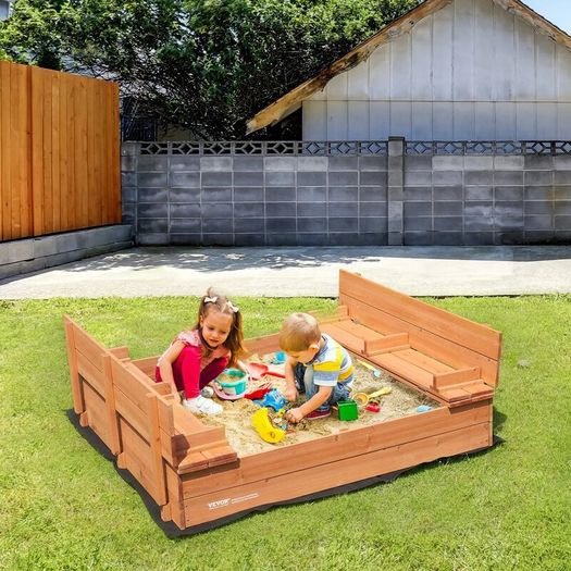 Wooden Sandbox Sand Pit with Foldable Bench Seats and Bottom Liner, Natural Wood Kids Sandbox for Outdoor Backyard
