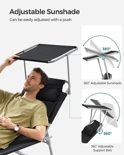 Sun Lounger, Deck Chair Folding, Sunbed, 193 x 53 x 29 cm, Max. Load 150 kg, with Sunshade Headrest Adjustable Backrest, Reclining Sun Chair for Terrace Pool Garden, Black (FREE POSTAGE)