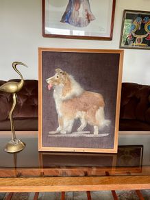 Vintage Late Mid Century Unique Real Fur Collie Dog Framed Wall Art Rustic Decor