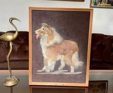 Vintage Late Mid Century Unique Real Fur Collie Dog Framed Wall Art Rustic Decor