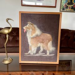 Vintage Late Mid Century Unique Real Fur Collie Dog Framed Wall Art Rustic Decor