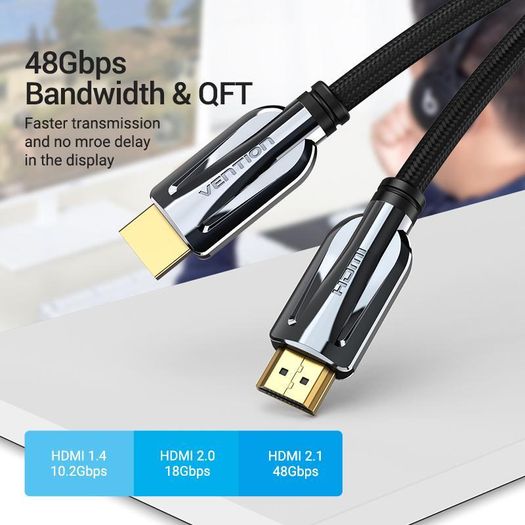 VENTION 3M Premium HDMI 2.1 UHD/3D 8K (7680x4320@60Hz) 48Gbps Luxury Model (Zinc Alloy/Cotton Braided/Gold Plated) Cable (Brand New/Warranty)