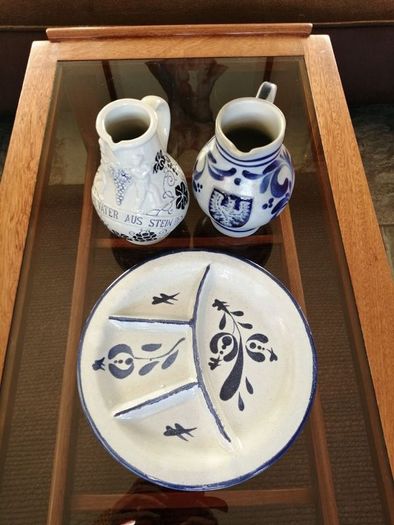Set of Two Vintage German Salt Glazed stoneware Jugs and a French Fondue or Nibbles Plate.