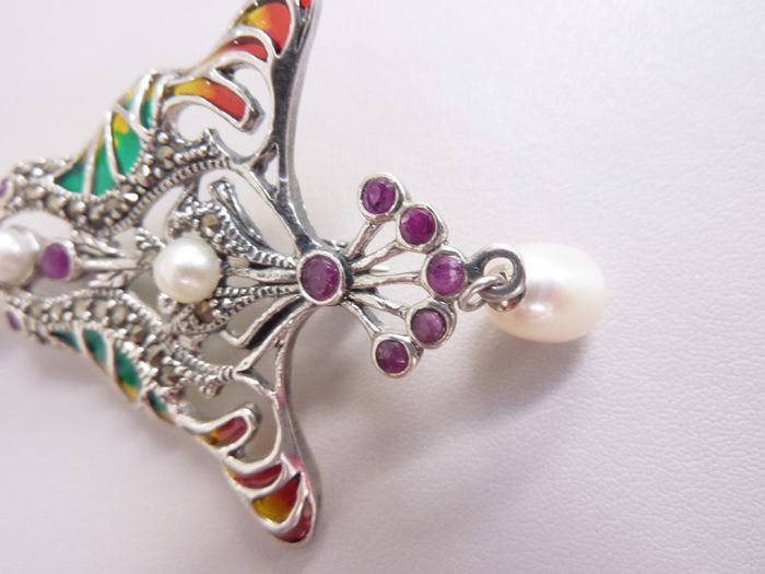 Sterling silver real ruby plique a jour enamel pendant