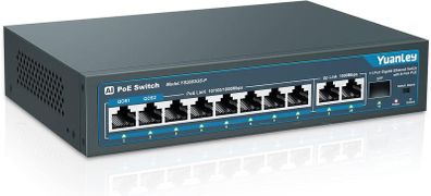 YuanLey 11 Port Gigabit PoE Switch, 8 PoE+ Port 1000Mbps, 2 Gigabit Uplink, 1 SFP Port, 120W 802.3af/at, Metal, Qos, Unmanaged Plug and Play AI Smart Detection Ethernet Switch
