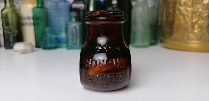 65 - Vintage 4oz Bovril Dark Brown Glass Embossed Letters Jar