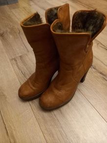 Women's Brown Leather Ankle Boots with Faux Fur Cuff