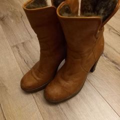 Women's Brown Leather Ankle Boots with Faux Fur Cuff