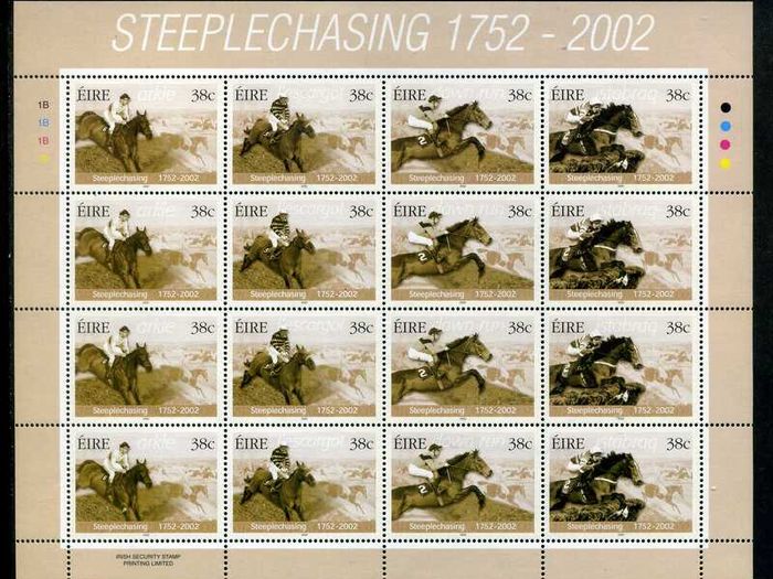 2002 Ireland 250th Anniversary of Irish Horse Steeplechasers Commemorative Stamp Sheetlet Plate 1B1B1B1B Mint Never Hinged (MNH)