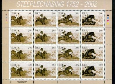 2002 Ireland 250th Anniversary of Irish Horse Steeplechasers Commemorative Stamp Sheetlet Plate 1B1B1B1B Mint Never Hinged (MNH)