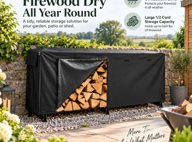 2.57m Outdoor Firewood Rack with Full Waterproof Cover  1/2 Cord, 299kg Capacity
