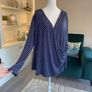 Navy Blue White Polka Dot Print V Neck Ruched Faux Wrap Top Blouse from So Fabulous Image 6