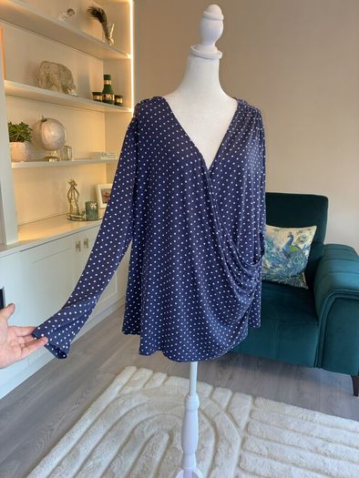 Navy Blue White Polka Dot Print V Neck Ruched Faux Wrap Top Blouse from So Fabulous