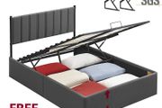 Double bed Hydraulic Ottoman Storage Bed  Double (4ft6) Dark Grey Upholstered Fabric with Lift-Up Storage &amp; Soft Headboard