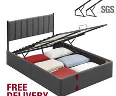 Double bed Hydraulic Ottoman Storage Bed  Double (4ft6) Dark Grey Upholstered Fabric with Lift-Up Storage & Soft Headboard