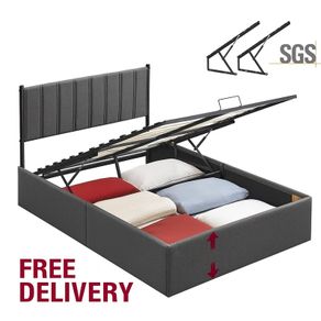 Double bed Hydraulic Ottoman Storage Bed  Double (4ft6) Dark Grey Upholstered Fabric with Lift-Up Storage & Soft Headboard