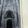 Large, ornate silver gold-toned, carved wooden frame containing a white multi-window mat holding four distinct religious and architectural art prints, including a statue of the Virgin Mary, a Gothic cathedral entrance, and devotional figures Image 6