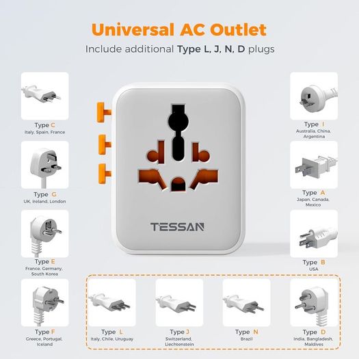 Universal Travel Adapter, Travel Plug Adapter Worldwide with 1 Universal AC Outlet 4 USB Ports (2 USB C), International Plug Adaptor for UK to Europe USA Australia (Type C G A I) Grey White
