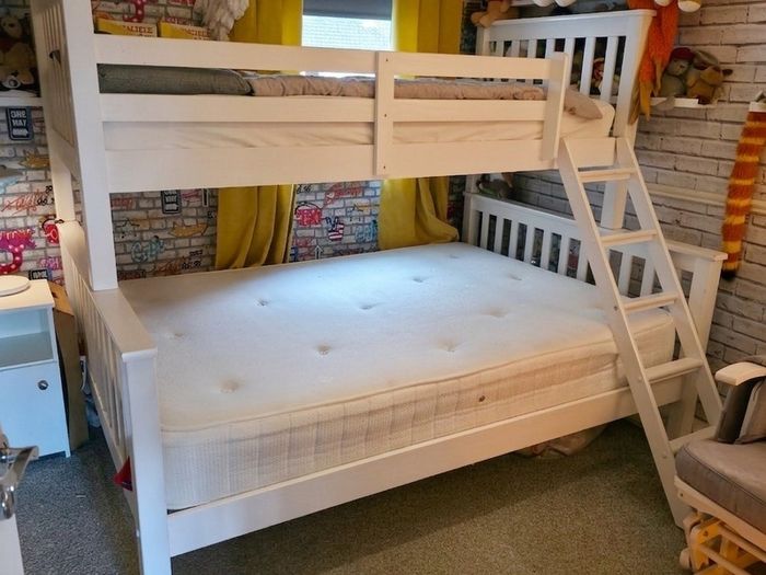 White wooden triple sleeper bunk bed - double and single