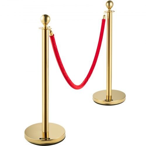 Crowd Control Stanchion, Set of 8 Pieces Stanchion Set, Stanchion Set with 5 ft/1.5 m Red Velvet Rope, Gold Crowd Control Barrier w/ Sturdy Concrete and Metal Base  Easy Connect Assembly