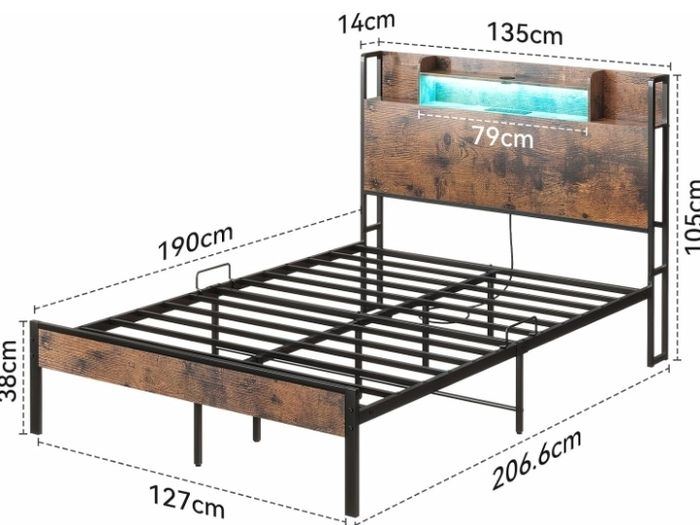 4ft6 Double Bed Frame with Storage Wooden Headboard | LED Light & Charging Station, Platform Metal Bed Frame Double with Underbed Storage