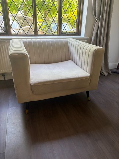 Beige sofa, 2 large chairs & large footstool