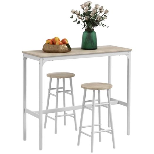High bar table set + 2 stools, steel frame, natural wood-effect top, 2-person, white
