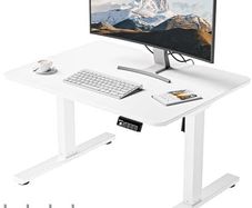 Electric Standing Desk 80x60 cm Low Height 48-75 cm, Height Adjustable Desk with Wheels & Hooks, Stand Up Desk with Memory Handset for Home Office, White