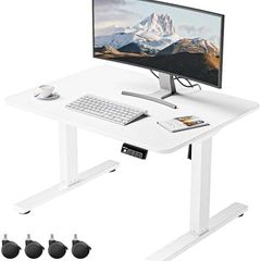 Electric Standing Desk 80x60 cm Low Height 48-75 cm, Height Adjustable Desk with Wheels & Hooks, Stand Up Desk with Memory Handset for Home Office, White