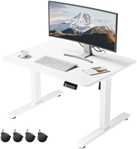 Electric Standing Desk 80x60 cm Low Height 48-75 cm, Height Adjustable Desk with Wheels & Hooks, Stand Up Desk with Memory Handset for Home Office, White