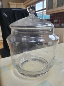 Vintage Etched Lidded Glass Punch Bowl with Grape Pattern