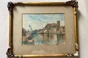 painting 19th Century British School Watercolor Hereford Cathedral River View   Framed (17" x 13.5")