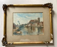 painting 19th Century British School Watercolor Hereford Cathedral River View   Framed (17" x 13.5")