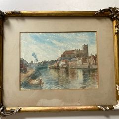 painting 19th Century British School Watercolor Hereford Cathedral River View   Framed (17" x 13.5")