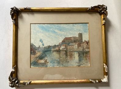 painting 19th Century British School Watercolor Hereford Cathedral River View   Framed (17" x 13.5")