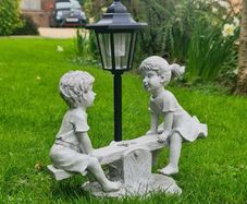 Solar Light Boy & Girl Seesaw Stone Effect Garden Ornament NEW