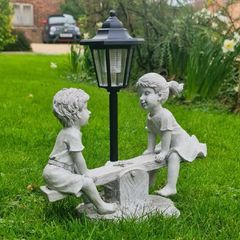 Solar Light Boy & Girl Seesaw Stone Effect Garden Ornament NEW