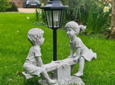 Solar Light Boy & Girl Seesaw Stone Effect Garden Ornament NEW
