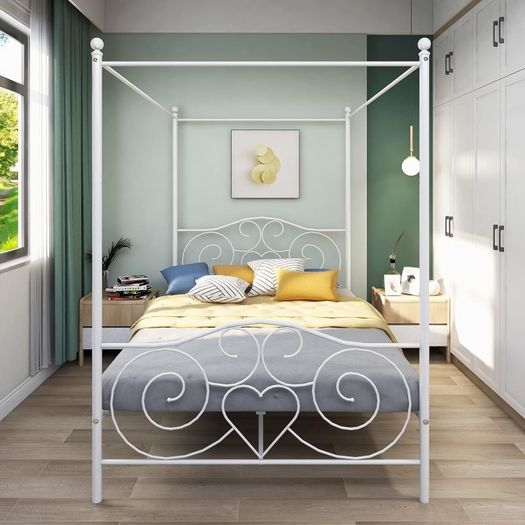 Double Canopy Bed Frame Platform Metal Bed Frame Heavy Duty Steel Slat and Support with Vintage Headboard and Footboard No Box Spring Required White