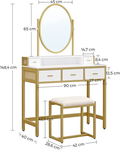 Dressing table, dressing table with stool, cosmetic table with oval mirror and open compartment, drawers, modern, for bedrooms, dressing rooms, white and gold-colored