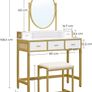 Dressing table, dressing table with stool, cosmetic table with oval mirror and open compartment, drawers, modern, for bedrooms, dressing rooms, white and gold-colored Image 4