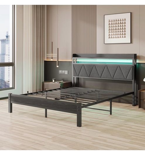 King Size Bed Frames with 5ft Upholstered Wooden Two-shelf Storage Headboard, Charging Station,LED Lights