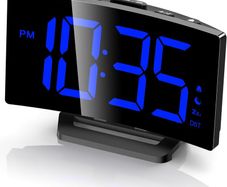 Digital Alarm Clock for Bedrooms with Modern Curved Design, Conspicuous Blue LED Numbers, 6 Levels Brightness, 2 Volume, 3 Alarm Tones, Snooze, Power-Off Memory, 12/24H, Bedside Clock