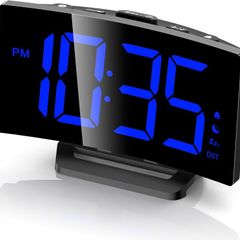 Digital Alarm Clock for Bedrooms with Modern Curved Design, Conspicuous Blue LED Numbers, 6 Levels Brightness, 2 Volume, 3 Alarm Tones, Snooze, Power-Off Memory, 12/24H, Bedside Clock