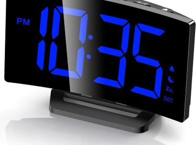 Digital Alarm Clock for Bedrooms with Modern Curved Design, Conspicuous Blue LED Numbers, 6 Levels Brightness, 2 Volume, 3 Alarm Tones, Snooze, Power-Off Memory, 12/24H, Bedside Clock