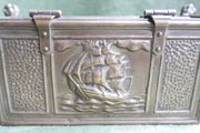 Vintage Brass Courting Couple Trinket Box Filigree Footed Wood insert