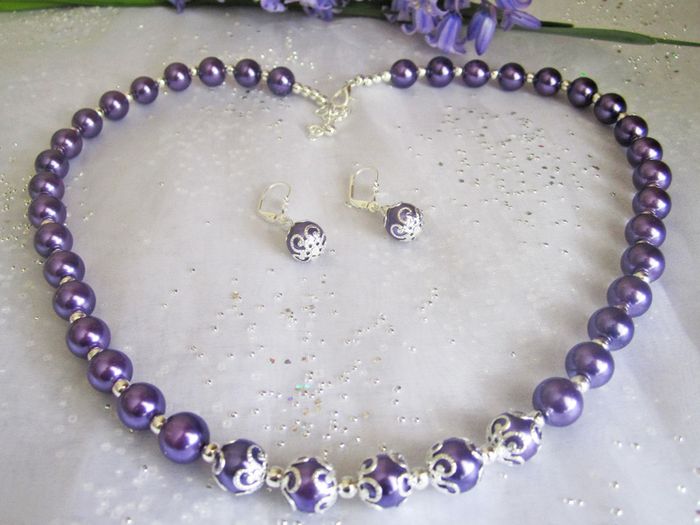 Beaded Deep Purple and Silver Matching Set Necklace and Earrings