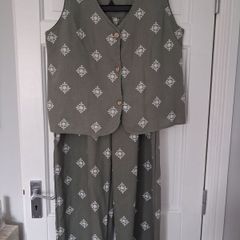 CoOrd Set - Trousers Waistcoat - Sage Green - UK 12 - Cotton Linen mix